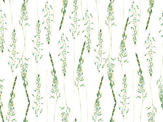 Fototapeta na wymiar Grass Seamless Watercolor Pattern. Abstract Floral Illustration. Summer Grass Motif. Vintage Garden Wallpapaer.. Botanical Meadow Border. Plantago and Apera Dried Wild Plants. Green and Teal