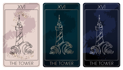 The Tower. A card of Major arcana one line drawing tarot cards. Tarot deck. Vector linear hand drawn illustration with occult, mystical and esoteric symbols. 3 colors. Proposional to 2,75x4,75 in.