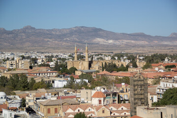 Naklejka premium Beautiful view of the Turkish part of the city and the flag in Nicosia, Cyprus