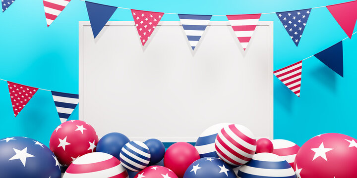 USA Independence day concept. 4th of July background with empty card and balls. 3D rendering.