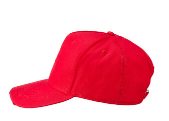 Red textile baseball cap with a visor, isolated on a snow-white background. Side view.