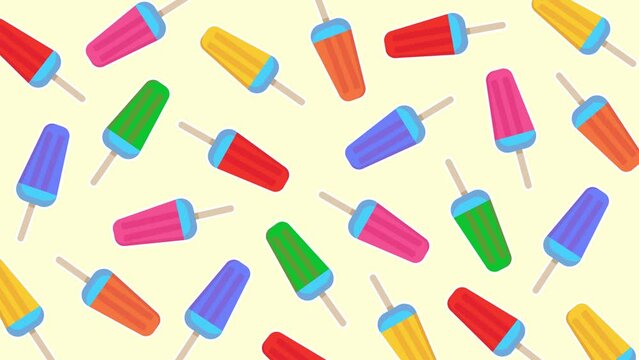 Multicolored ice cream on a stick on a light background. Moving in one place ice cream, frozen popsicles. Animated summer video