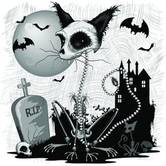 Cat Zombie Creepy Character avec château hanté, crânes et chauves-souris sur la pleine lune Halloween Background Vector illustration