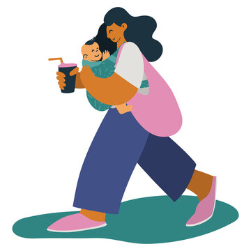 portrait of a walking woman, mother, business woman with a baby in a sling and a coffee in her hand