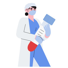 Doctor or scientist doing biochemical test analyses. Female medical or health care worker with test tube results or blood specimens. Concept for hospital, private clinic or commercial health center.