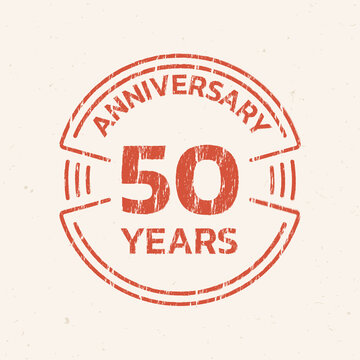 50th Anniversary logo or icon. 50 years round stamp design with grunge, rough texture. Birthday celebrating, jubilee circle badge or label template. Vector illustration.