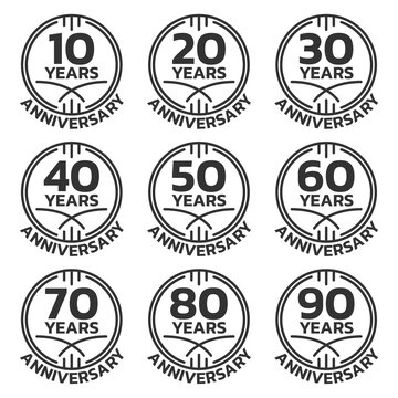 Anniversary logo or icon set. 10,20,30,40,50,60,70,80,90 years round stamp collection. Birthday celebrating, jubilee circle badge or label templates. Vector illustration.