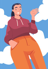 Woman Character Standing Looking from Above Friendly Smiling and Waving Hand Vector Illustration