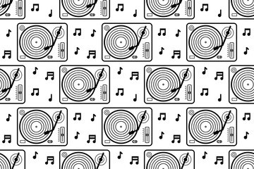 Vinyl player seamless pattern. Black and white