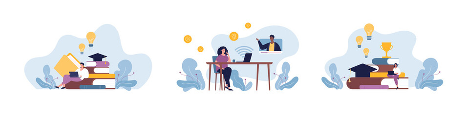 Online education and graduation concept. Vector flat design people illustration set. African nale and female teacher with student character. Book, laptop, lightbulb, prize symbol.