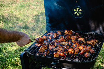 Spicy chicken legs and wings grilling in a portable barbecue.