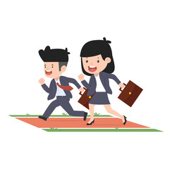 Obraz premium Business woman and man running fast in racetrack