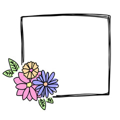 Doodle one frame hand drawn. Square line with pink flowers for wedding, happy birthday, kids isolated.