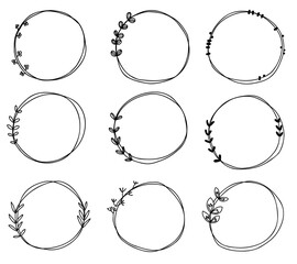 Doodle isolated frames collection hand drawn. Cute round lines with leaves. For wedding, Valentine's day, plants.