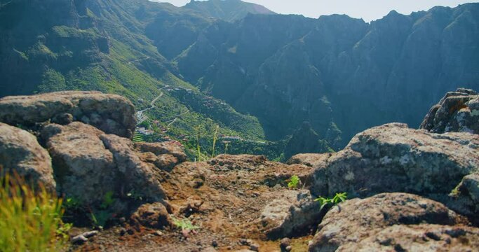 Mirador La Cruz de Hilda. Masca village and Gorge. Famous tourist destination in Tenerife. Canary Islands, Spain. Parque rural de Teno. Top view.
