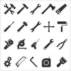 Tool icon collection. Vector illustration. Instrument symbol, wrench, hammer, handsaw, screwdriver, adjustment wrench, paint brush