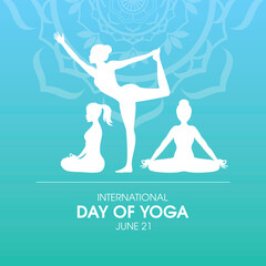 International Day of Yoga poster with yoga female workout vector. Women yoga poses white silhouettes vector. Yoga position icon set. June 21. Important day