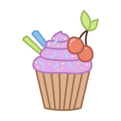 Cupcake with purple icing and cherry. Hand drawn illustration in cartoon style. Vector isolated on white background.