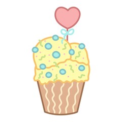 Cute cupcake with yellow icing in cartoon style. Heart decoration. Vector isolated on white background.