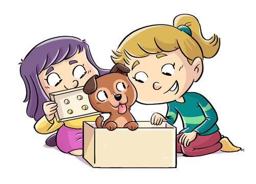 Children's illustration of little girls opening a box with a dog inside