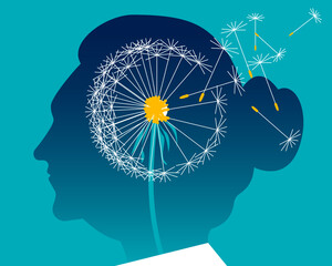Elderly woman lost pieces of his head like Dandelion seeds in the wind. Dementia Alzheimer, memory loss and losing part of brain concept. Elderly woman. Female subject. Vector illustration