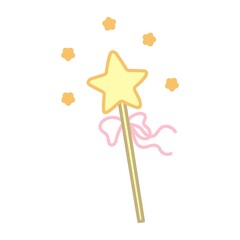 Magic stick with star and pink ribbon. Hand drawn illustration in cartoon style. Vector isolated on white background.