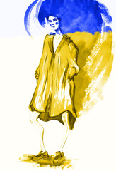 Beautiful Ukraine woman. yellow blue flag. Fashion girl in sketch-style.watercolor illustration. - 513942128
