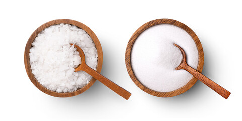Course and fine natural sea salt in wooden bowl isolated on white background, top view, flat lay.