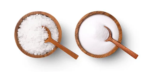 Fotobehang Course and fine natural sea salt in wooden bowl isolated on white background, top view, flat lay. © NIKCOA