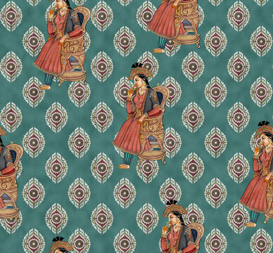 Seamless Pattern With Girl Mughal Art Paintings Illustrations Motifs Handmade Designs Patterns Borders Wallpaper Portraits Of Indian Textiles And Architecture Easy Sketch Miniatures Of Mughal 