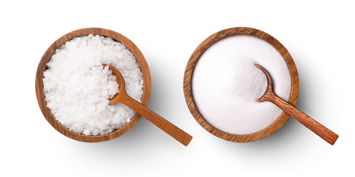 Course And Fine Natural Sea Salt In Wooden Bowl Isolated On White Background, Top View, Flat Lay.