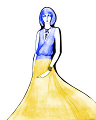 Ukraine yellow blue Watercolo. Elegant lady. Vintage llustration .watercolor - 513942523