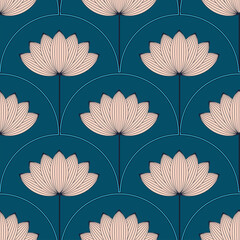 asian style lotus flower seamless pattern in blue ivory brown