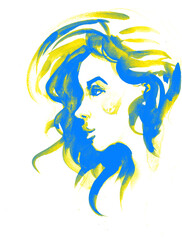 Ukraine yellow blue Beautiful woman face. fashion illustration watercolor