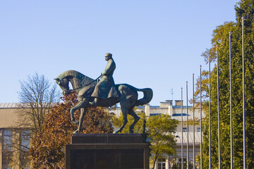 Monument to Marshal Jozef Pilsudski on the horse at Lithuanian Square in Lublin, Poland - obrazy, fototapety, plakaty