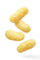 Flying delicious corn sticks, isolated on white background