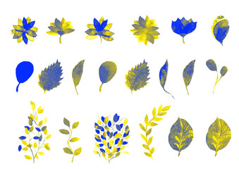 Ukrainian flowers. yellow blue Flowers and leaves. Watercolor illustration.