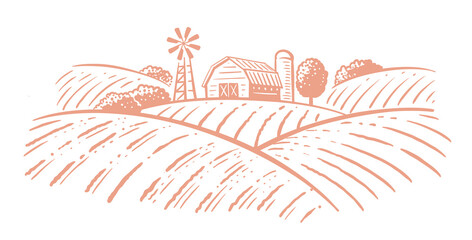 Farm Landscape with Barn. Vector village