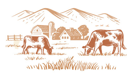 Cows on village meadow vector. Hand drawn sketch livestock with mountain