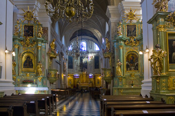 Interior of Dominican Church of St Stanislaus Bishop and Martyr in Old Town in Lublin, Poland - obrazy, fototapety, plakaty