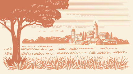 Obraz premium Country with ground. Farming landscape with village