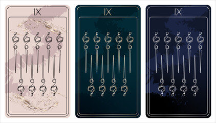 9 of Wands. A card of Minor arcana one line drawing tarot cards. Tarot deck. Vector linear hand drawn illustration with occult, mystical and esoteric symbols. 3 colors. Proposional to 2,75x4,75 in.