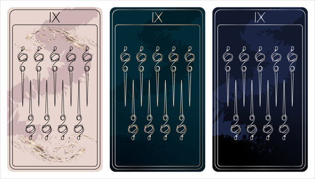 9 of Wands. A card of Minor arcana one line drawing tarot cards. Tarot deck. Vector linear hand drawn illustration with occult, mystical and esoteric symbols. 3 colors. Proposional to 2,75x4,75 in.