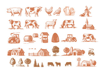 Village big set drawing vector. Hand drawn livestock