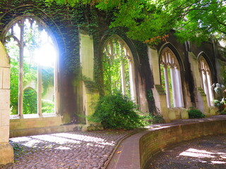Old abandoned castle building in London, England, UK. London city hidden places. St. Dunstan in the East Church Garden.