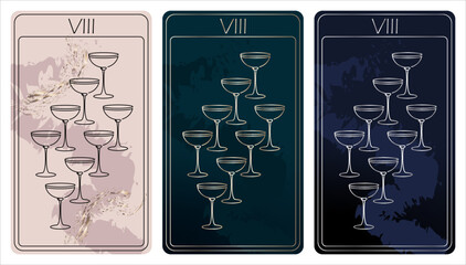 Fototapeta premium 8 of Cups. A card of Minor arcana one line drawing tarot cards. Tarot deck. Vector linear hand drawn illustration with occult, mystical and esoteric symbols. 3 colors. Proposional to 2,75x4,75 in.