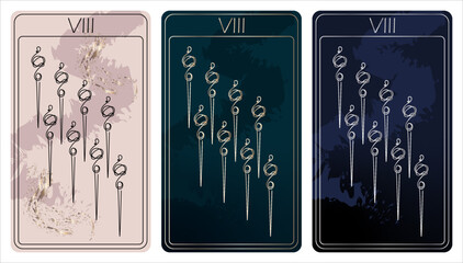 8 of Wands. A card of Minor arcana one line drawing tarot cards. Tarot deck. Vector linear hand drawn illustration with occult, mystical and esoteric symbols. 3 colors. Proposional to 2,75x4,75 in.