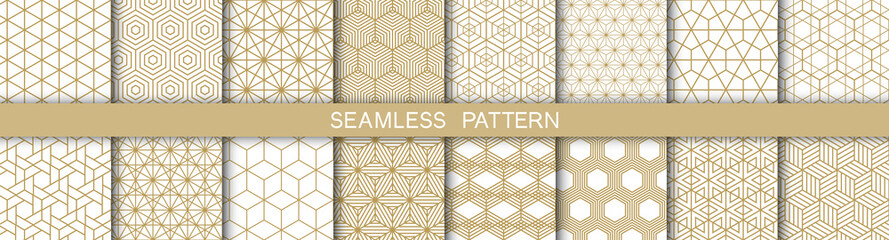 Set of 16 hexagonal seamless pattern. Seamless geometric cube pattern.