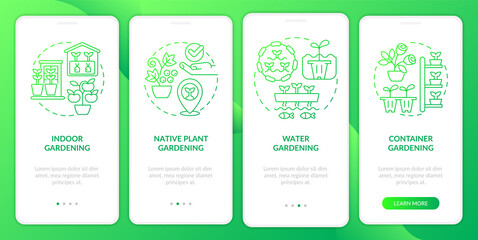 Gardening types green gradient onboarding mobile app screen. Agriculture walkthrough 4 steps graphic instructions with linear concepts. UI, UX, GUI template. Myriad Pro-Bold, Regular fonts used