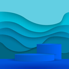 Product stand blue display with abstract wave design background